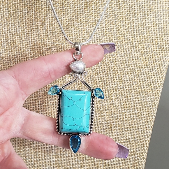 Turquoise necklace, 925 silver turquoise blue topaz pendant necklace - Picture 11 of 14